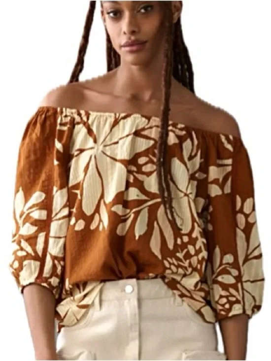 NWT Anthropologie Off the Shoulder Floral Striped Top Size Small Oversized Flowy