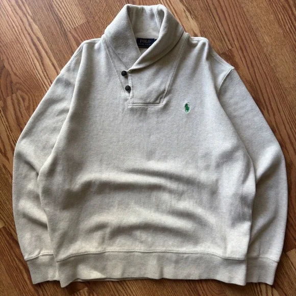 Polo Ralph Lauren Shawl Collar Sweatshirt Men's L Oatmeal‎ Beige Preppy