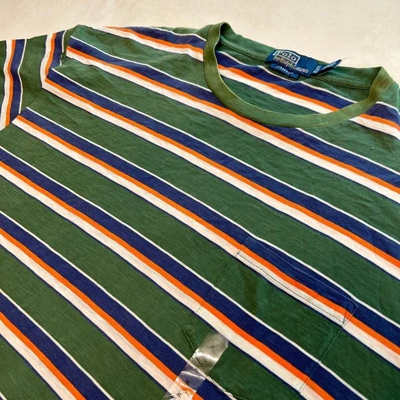 Polo Ralph Lauren Mens XL Classic Fit Striped Pocket T-Shirt Green Blue Orange