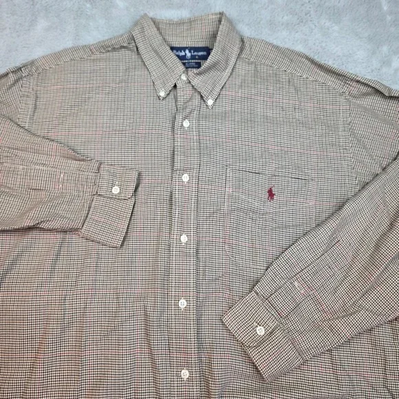 Polo Ralph Lauren Button Down Shirt Mens L Blaire Cotton Micro Check Plaid Tan