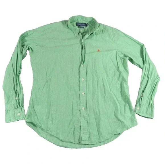 Polo Ralph Lauren Shirt Men L Green White Gingham Check Custom Fit Orange Pony