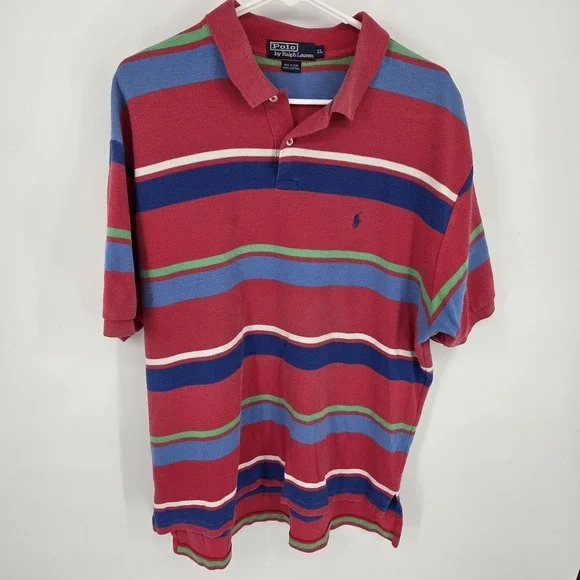 Vintage Polo Ralph Lauren Mens XL Polo Shirt Colorblock Striped Red Blue 90s