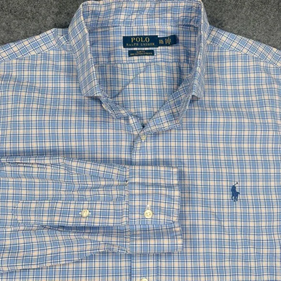 Polo Ralph Lauren Slim Fit Shirt XXL Blue Plaid Cotton Stretch Long Sleeve