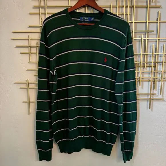 Polo Ralph Lauren Green Striped Pima Cotton Crewneck Sweater M