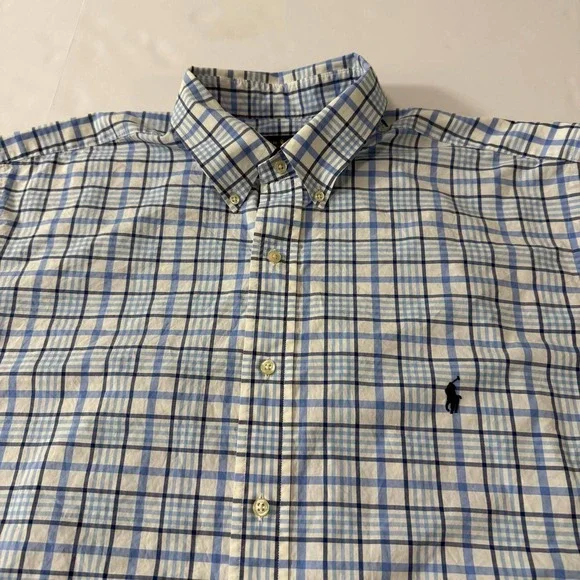 Polo Ralph Lauren Mens XLT Blue White Plaid Cotton Stretch Button Down Shirt