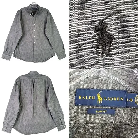 Polo Ralph Lauren Shirt LS Button Down Gray Blue Denim Texture Mens Size Large L
