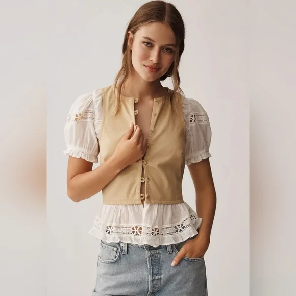 NWT Anthropologie Tan Puff Sleeve Twofer Top