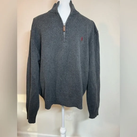 Polo Ralph Lauren Black‎ Full Zip Sweater Red Pony Logo Pockets Size XL
