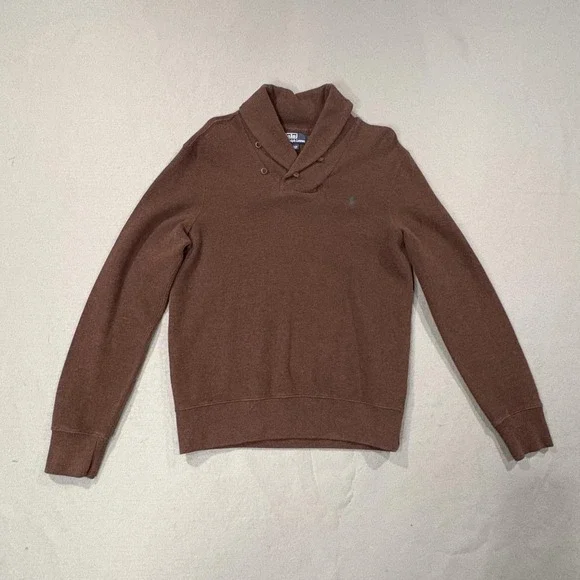 Polo Ralph Lauren Sweater Mens Medium Brown Shawl Collar Cotton Pullover Logo