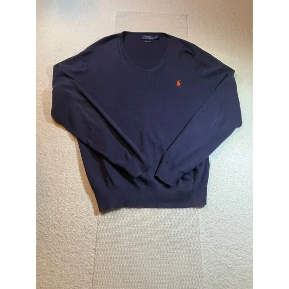 Polo Ralph Lauren V Neck Sweater Navy Blue Orange Pony Mens Large 100% Cotton