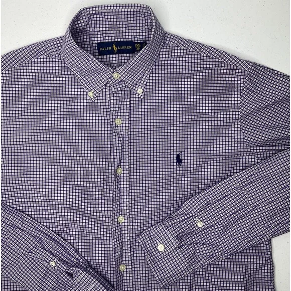 Polo Ralph Lauren Shirt Men Sz 15.5 Button Front Plaid Purple Long Sleeve Pony