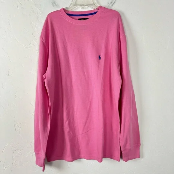 Polo Ralph Lauren Henley Shirt Knit Top Pink Waffle Knit Textured Crew Neck