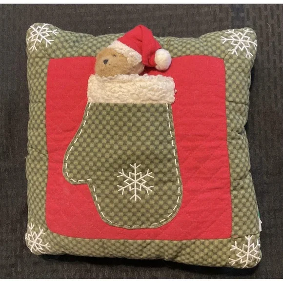 Boyds Home Christmas Throw Pillow Quilted Bear in Mitten‎ Removable Plush Decor