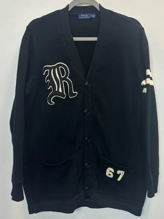 Polo Ralph Lauren Black Varsity-Style Cardigan with White Appliqué