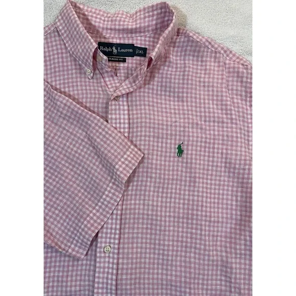 Polo Ralph Lauren Classic Fit 100% Linen Pink White Check XL‎ Green Pony Oxford