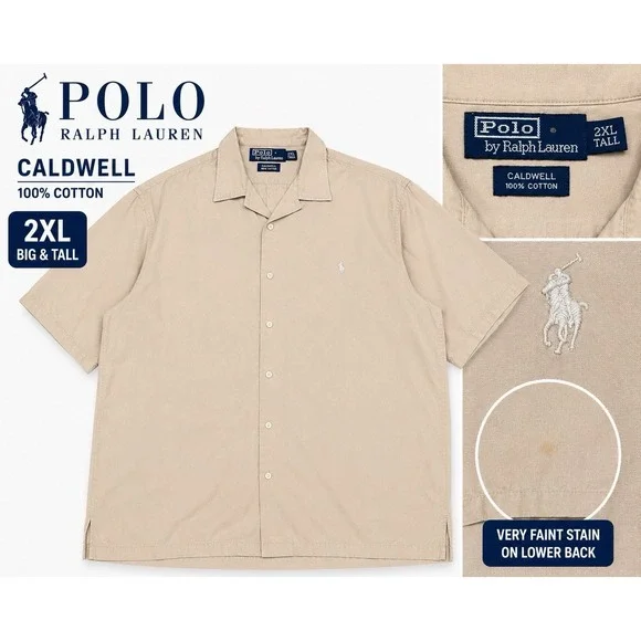 Polo Ralph Lauren Caldwell Shirt Mens XXL Beige Cotton Camp Short Sleeve