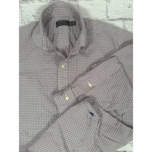 Polo Ralph Lauren Shirt Mens 16-41 Purple‎ Check Long Sleeve Button Up Cotton