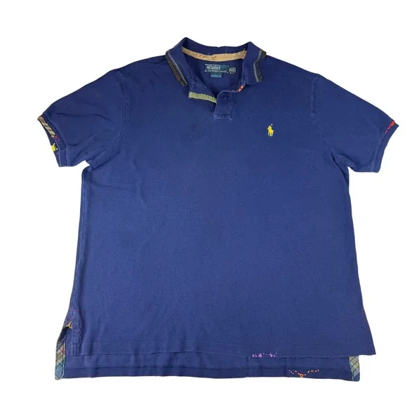 Rare Vintage Polo Ralph Lauren Beaded Distressed Polo Shirt XXL Custom Fit Blue