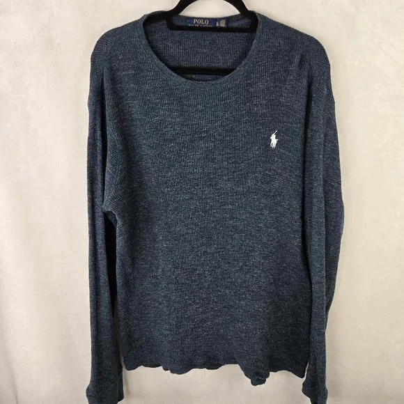 Polo Ralph Lauren Mens XL Blue Gray Waffle Knit‎ Thermal Long Sleeve Crew Shirt
