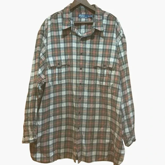Polo Ralph Lauren‎ Plaid Flannel Shirt Mens 3XB Red Multi Cotton Preppy Outdoors