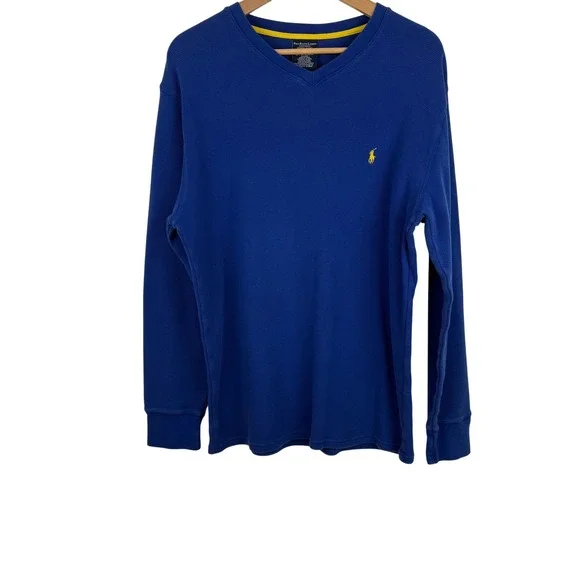 Polo Ralph Lauren Blue Thermal Waffle Knit Sleepwear‎ Shirt Mens XL Yellow Pony