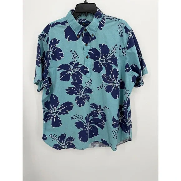 Polo Ralph Lauren Shirt Mens XXL Blue Hibiscus Floral Short Sleeve Popover‎