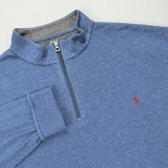 Polo Ralph Lauren Sweatshirt‎ Mens 3XLT Blue 1/4 Zip Mock Neck Red Pony HEMMED