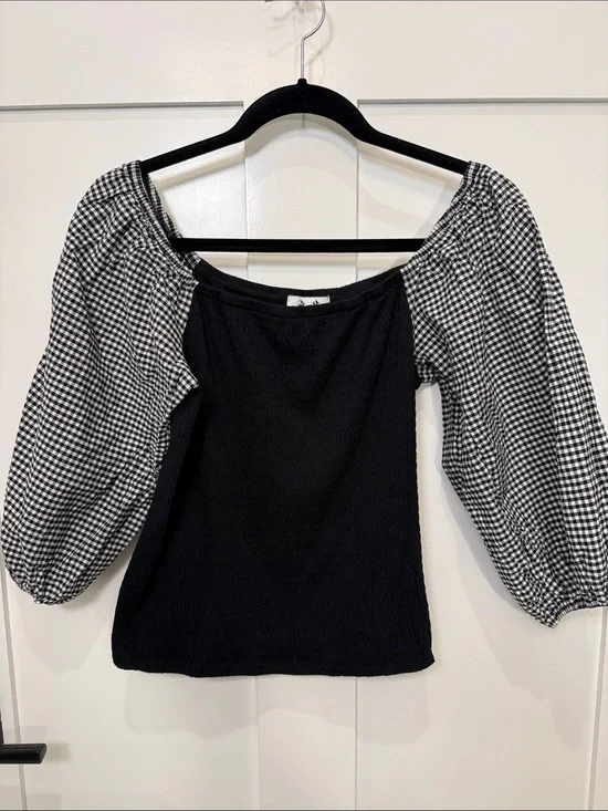 Anthropologie Black Top with Black-and-White Gingham Puff Sleeves