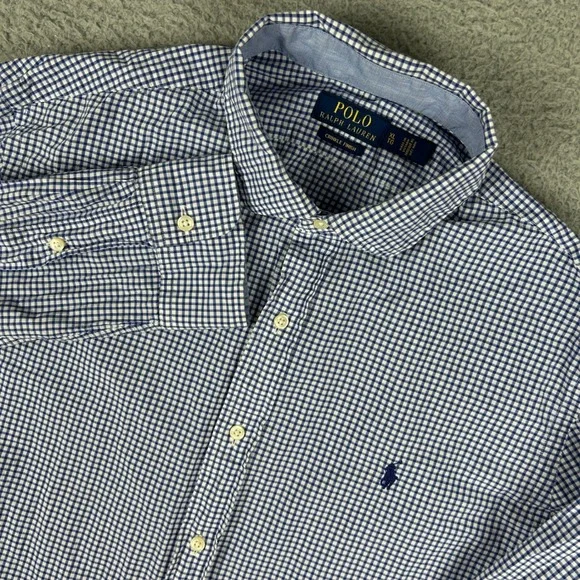 Polo Ralph Lauren Shirt Mens XL Blue Gingham Check Crinkle Finish Button Up Pony