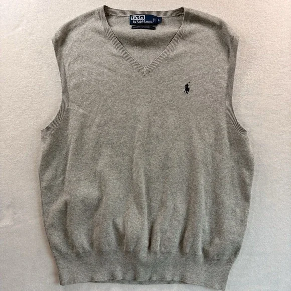 VTG Polo Ralph Lauren Mens V-Neck Gray Cotton Medium Classic Sweater Vest Preppy