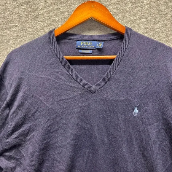 Polo Ralph Lauren Men L Navy Blue Pima Cotton V-Neck Pullover‎ Sweater Logo L/S