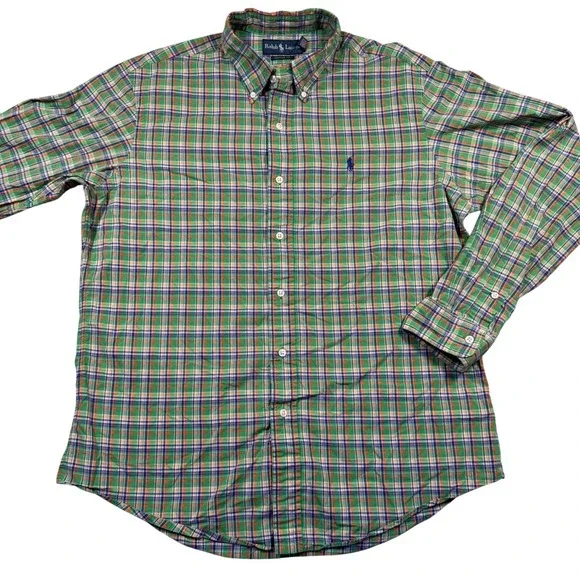 Vintage Polo Ralph Lauren Button Down Shirt Mens‎ L Green Plaid Custom Fit Pony
