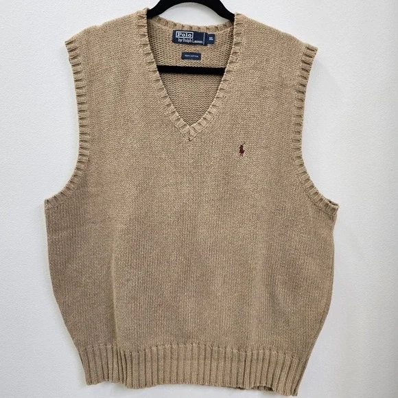 Polo Ralph Lauren Mens XL Tan Khaki Cotton V-Neck Knit Sweater Vest Pony‎ Logo