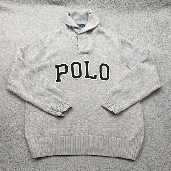 Polo Ralph Lauren Mens XXL Gray Shawl Collar Varsity Spellout Pullover Sweater