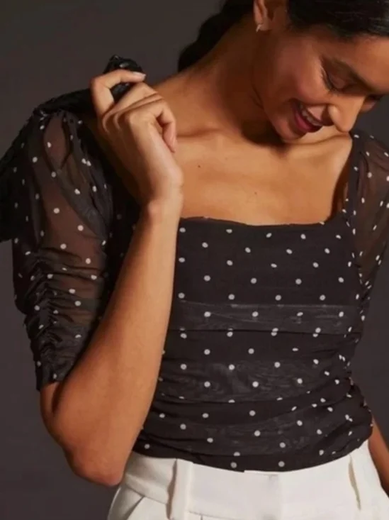Anthropologie Black Polka Dot Ruched Puff Sleeve Top XXS Square-Neck Mesh Blouse
