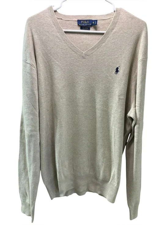 Polo by Ralph Lauren Men's V-Neck Sweater in Light Beige‎ Blue Logo Size XL