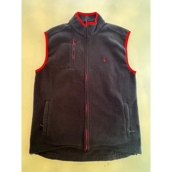 Polo Ralph Lauren Mens Fleece Vest Black Red Full Zip Pony Logo RN 113338