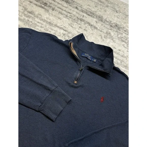 Polo Ralph Lauren Mens Sweater Size Medium Large Navy Suede 1/4‎ Zip Tennis Pony