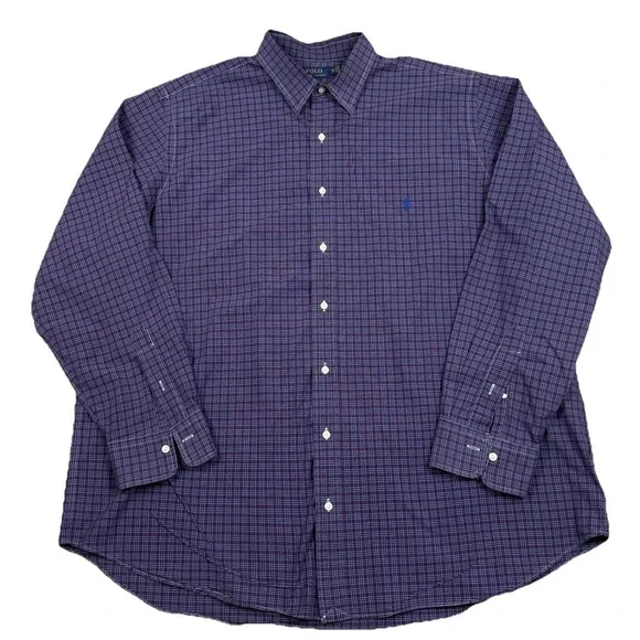 Polo Ralph Lauren Shirt Mens 2XB Casual Button Up Maroon Blue Plaid‎ Long Sleeve