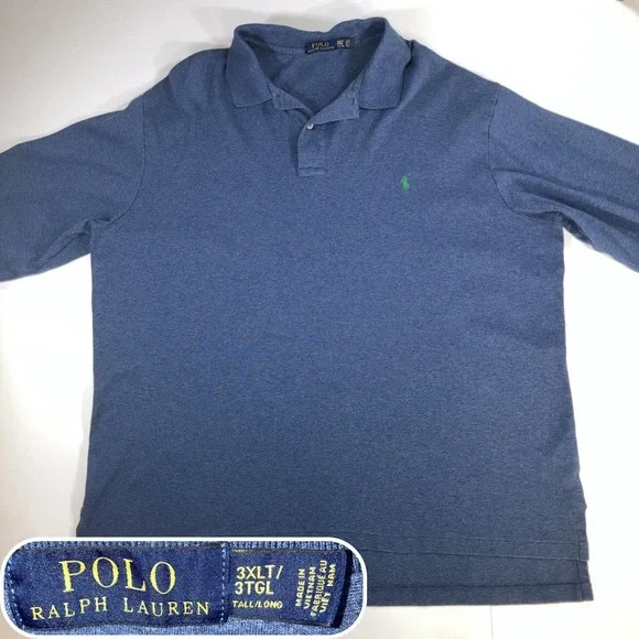 Polo Ralph‎ Lauren Long Sleeve Polo Shirt Mens 3XLT Blue Heather Green Pony