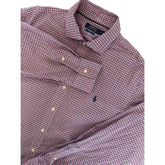 Polo Ralph Lauren Shirt Mens Size XL Pink Plaid Non‎ Iron Fabric Casual Button
