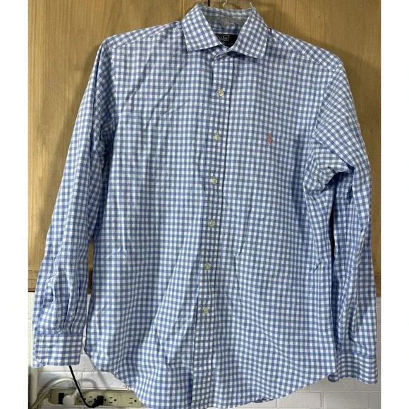 Polo Ralph Lauren Button Down Mens Medium Blue Gingham Westerton Classic Fit‎