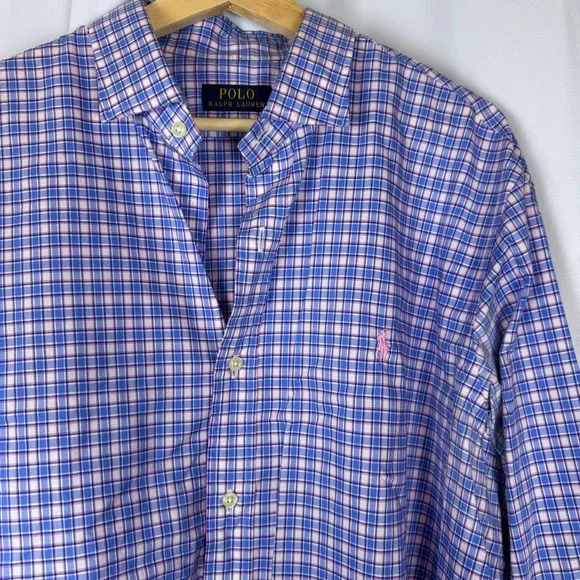 Polo Ralph Lauren Mens XL Plaid Button Down Shirt Blue Pink White Long Sleeve