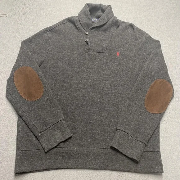 Polo Ralph Lauren Sweater Mens XL Gray Shawl Collar Cotton Pullover‎ Pony Logo