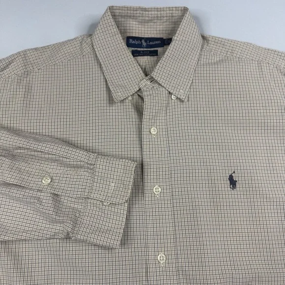 Polo Ralph Lauren Button Down Shirt Mens Large Tan Navy Check Blake 100% Cotton