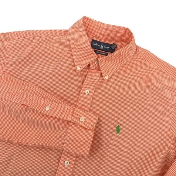 Polo Ralph Lauren Mens Orange Gingham Custom Fit Button Down Shirt‎ Large L 434