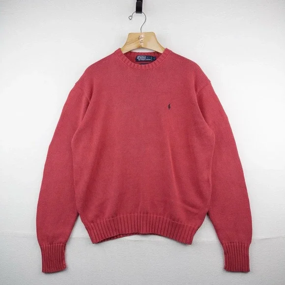 90's Vtg Polo Ralph Lauren Men's L Faded Red Salmon Cotton Knit Crewneck Sweater