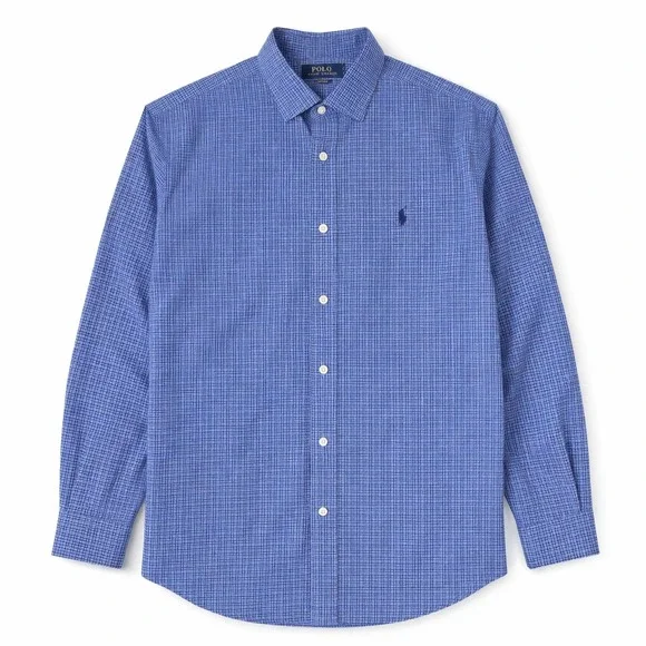 Polo Ralph Lauren Mens Blue White Micro Check‎ Cotton Button Down Shirt XL