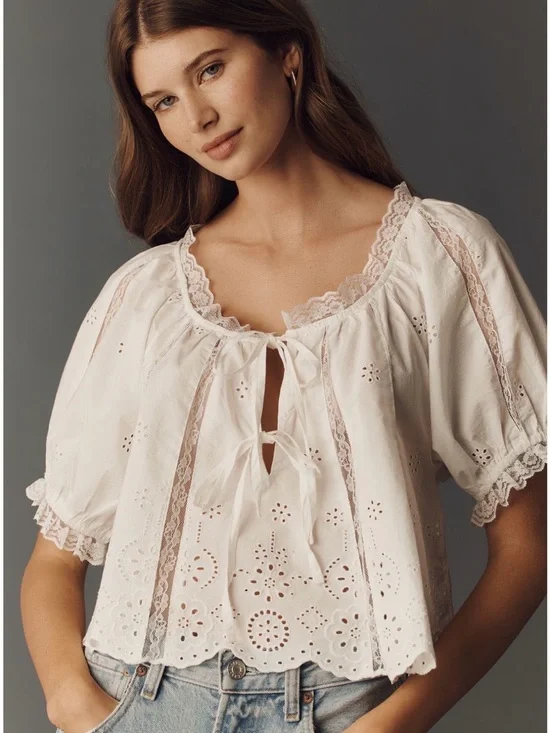 Anthropologie By Anthropologie Embroidered Puff-Sleeve Swing Top