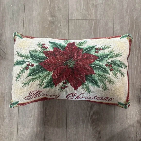 Luxury Christmas Poinsettia‎ Tapestry Needlepoint Pillow Pine Berries Mistletoe